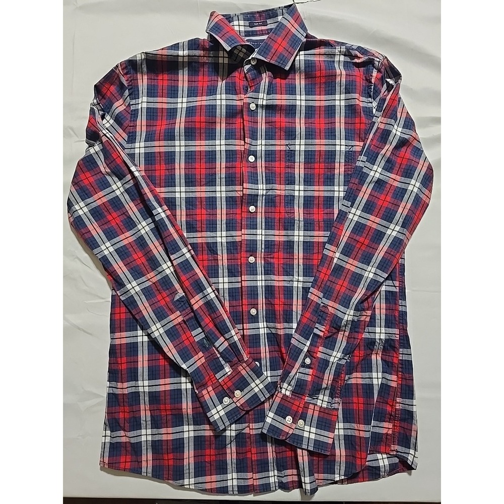 Vintage Tommy Hilfiger Mens 15 1/2 Red Blue Plaid Button Down Long Sleeve Shirt